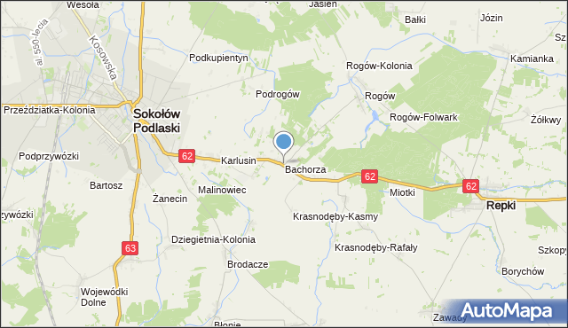mapa Bachorza, Bachorza gmina Sokołów Podlaski na mapie Targeo